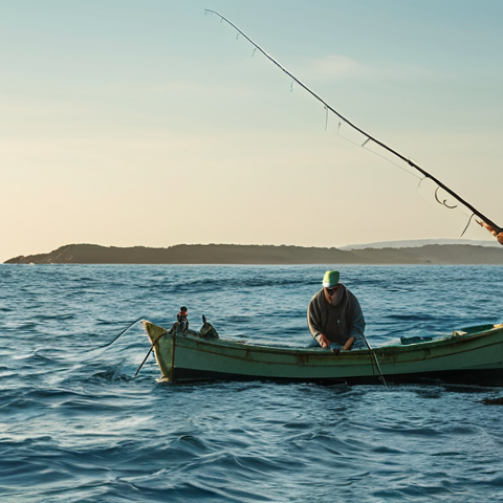 **Sustainable Fishing Practices**: Create an image of a serene ocean scene showcasing sustainable fishing methods. Include fishermen using selective catch techniques and vibrant marine life thriving in a healthy ecosystem, emphasizing the balance between human activity and nature.