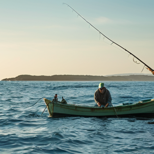 Home 21 **Sustainable Fishing Practices**: Create an image of a serene ocean scene showcasing sustainable fishing methods. Include fishermen using selective catch techniques and vibrant marine life thriving in a healthy ecosystem, emphasizing the balance between human activity and nature.