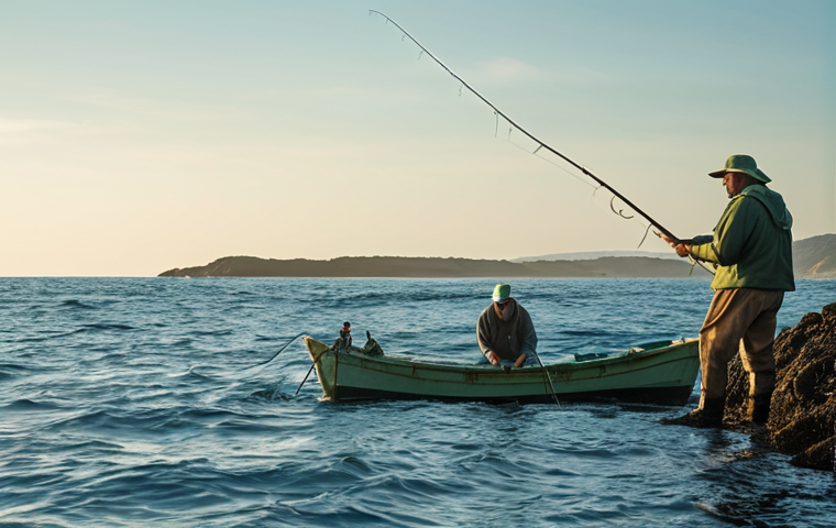 **Sustainable Fishing Practices**: Create an image of a serene ocean scene showcasing sustainable fishing methods. Include fishermen using selective catch techniques and vibrant marine life thriving in a healthy ecosystem, emphasizing the balance between human activity and nature.