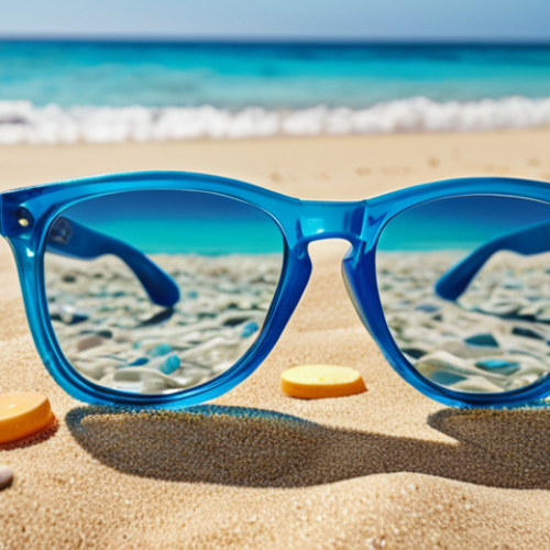 Home 20 **A vibrant photo of stylish sunglasses made from recycled ocean plastic, displayed on a sandy beach with clear blue water in the background.** (Focus: Product showcasing the transformation of plastic waste)
