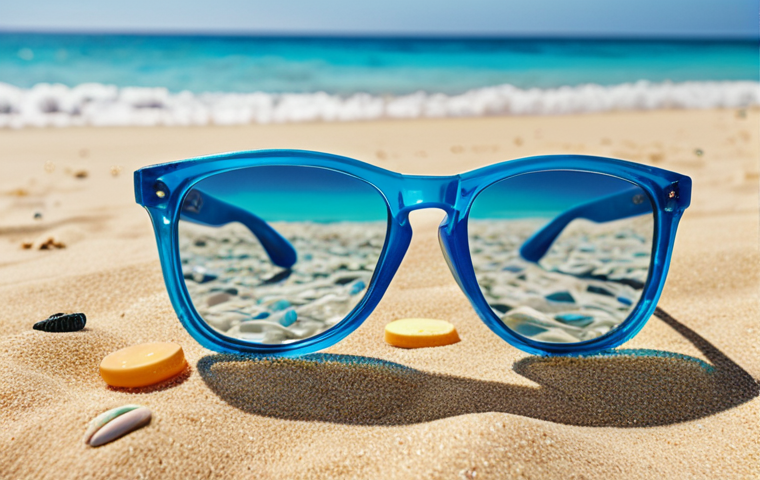 **A vibrant photo of stylish sunglasses made from recycled ocean plastic, displayed on a sandy beach with clear blue water in the background.** (Focus: Product showcasing the transformation of plastic waste)