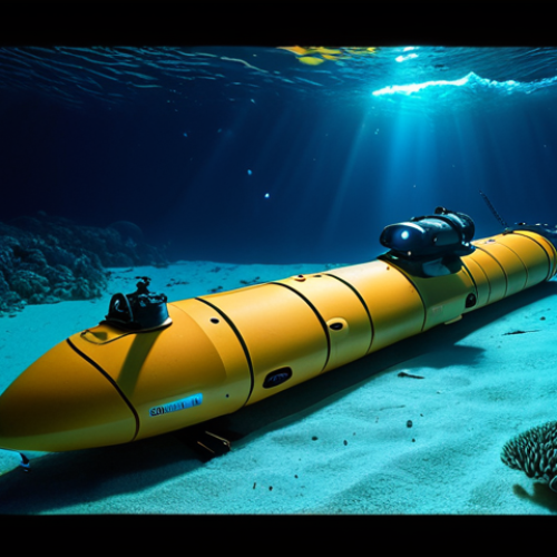 Home 19 **A futuristic autonomous underwater vehicle (AUV) exploring a vibrant deep-sea environment. Bioluminescent creatures illuminate the scene as the AUV, equipped with advanced sensors and cameras, maps the seabed. The image should convey a sense of both technological wonder and environmental fragility, with a focus on the delicate balance between exploration and preservation.**