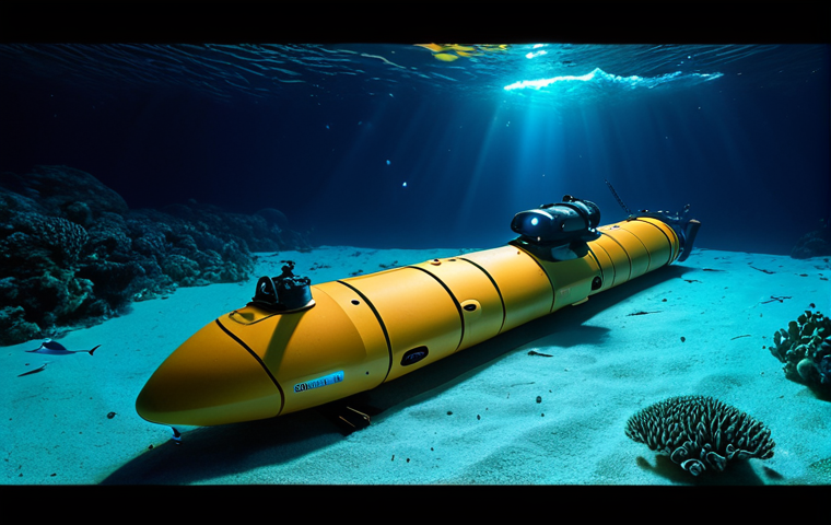 **A futuristic autonomous underwater vehicle (AUV) exploring a vibrant deep-sea environment. Bioluminescent creatures illuminate the scene as the AUV, equipped with advanced sensors and cameras, maps the seabed. The image should convey a sense of both technological wonder and environmental fragility, with a focus on the delicate balance between exploration and preservation.**