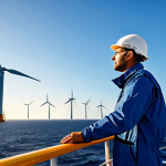 A confident professional engineer, dressed in a practical yet modest protective suit, stands on the deck of a specialized offshore vessel. In the background, majestic wind turbines gracefully turn in a vast offshore wind farm on the North Sea, illuminated by the golden hour light. Advanced technological elements are subtly visible, such as a screen displaying AI-driven data analytics of wind patterns or a sophisticated robotic arm on the ship. The scene is captured with professional photography, showcasing cutting-edge Dutch engineering and innovation. Perfect anatomy, correct proportions, natural pose, well-formed hands, proper finger count, natural body proportions. Fully clothed, modest clothing, appropriate attire, professional dress, safe for work, appropriate content, professional, family-friendly. High quality, ultra-detailed, photorealistic.