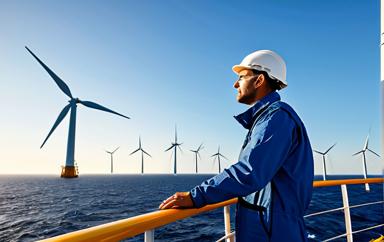 A confident professional engineer, dressed in a practical yet modest protective suit, stands on the deck of a specialized offshore vessel. In the background, majestic wind turbines gracefully turn in a vast offshore wind farm on the North Sea, illuminated by the golden hour light. Advanced technological elements are subtly visible, such as a screen displaying AI-driven data analytics of wind patterns or a sophisticated robotic arm on the ship. The scene is captured with professional photography, showcasing cutting-edge Dutch engineering and innovation. Perfect anatomy, correct proportions, natural pose, well-formed hands, proper finger count, natural body proportions. Fully clothed, modest clothing, appropriate attire, professional dress, safe for work, appropriate content, professional, family-friendly. High quality, ultra-detailed, photorealistic.